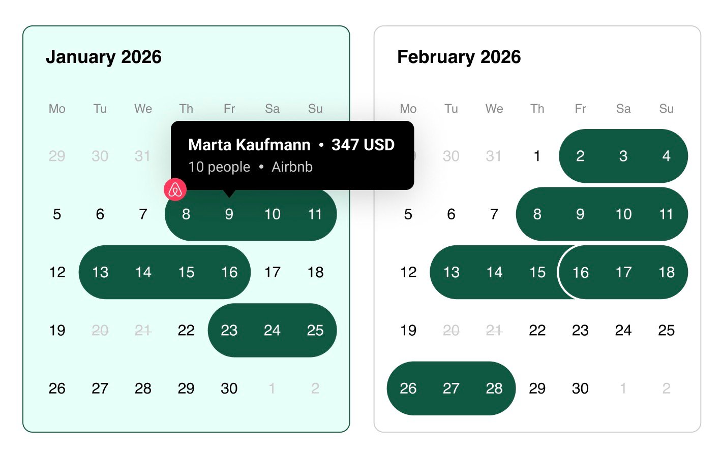 Cabintale calendar view showing availability and bookings