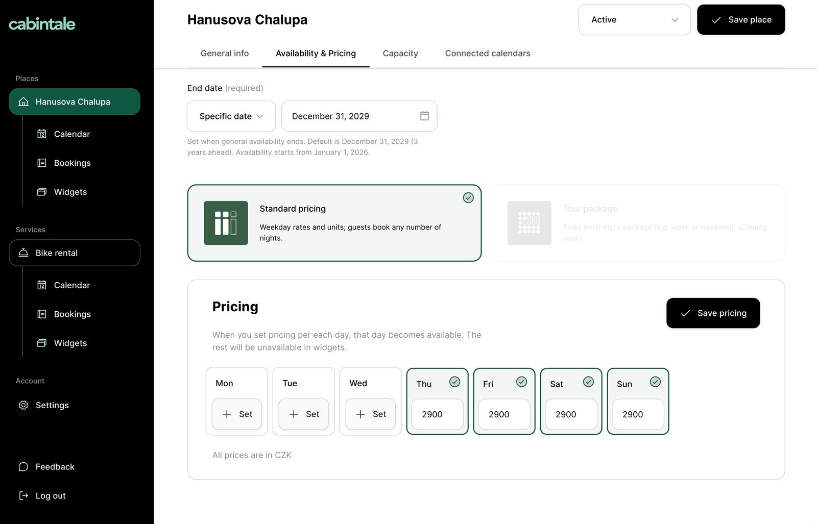 Availability and pricing tab on a place