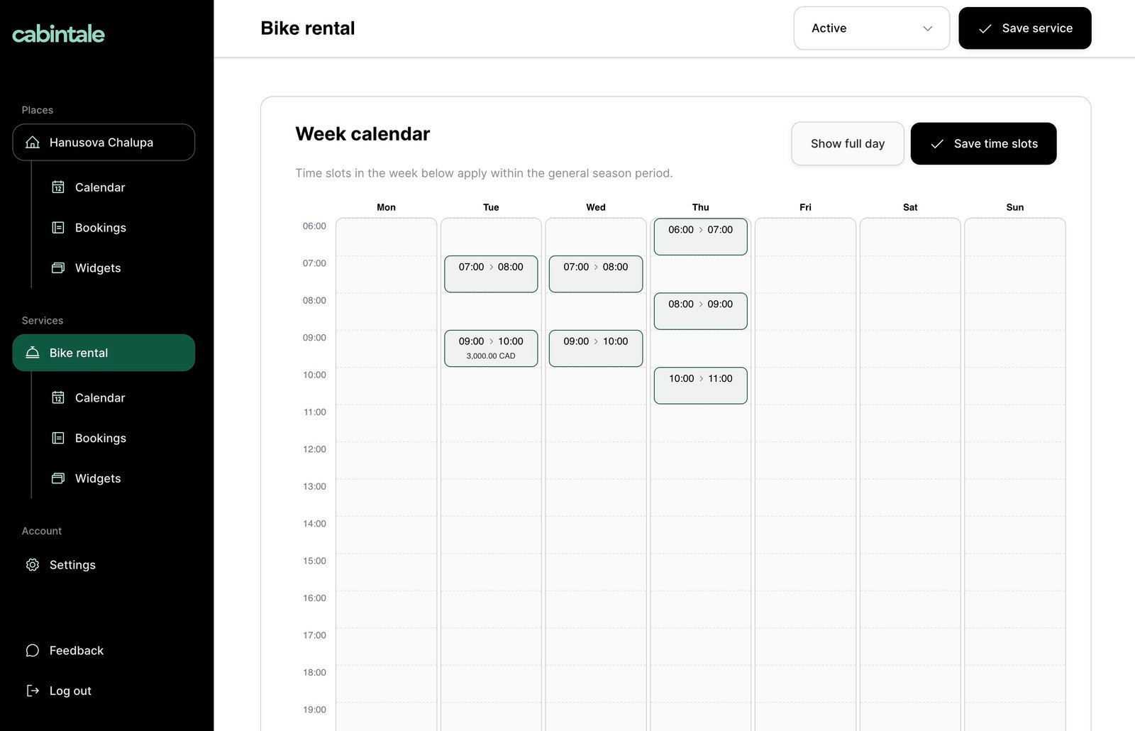 Week calendar with time slots on Tue, Wed, and Thu