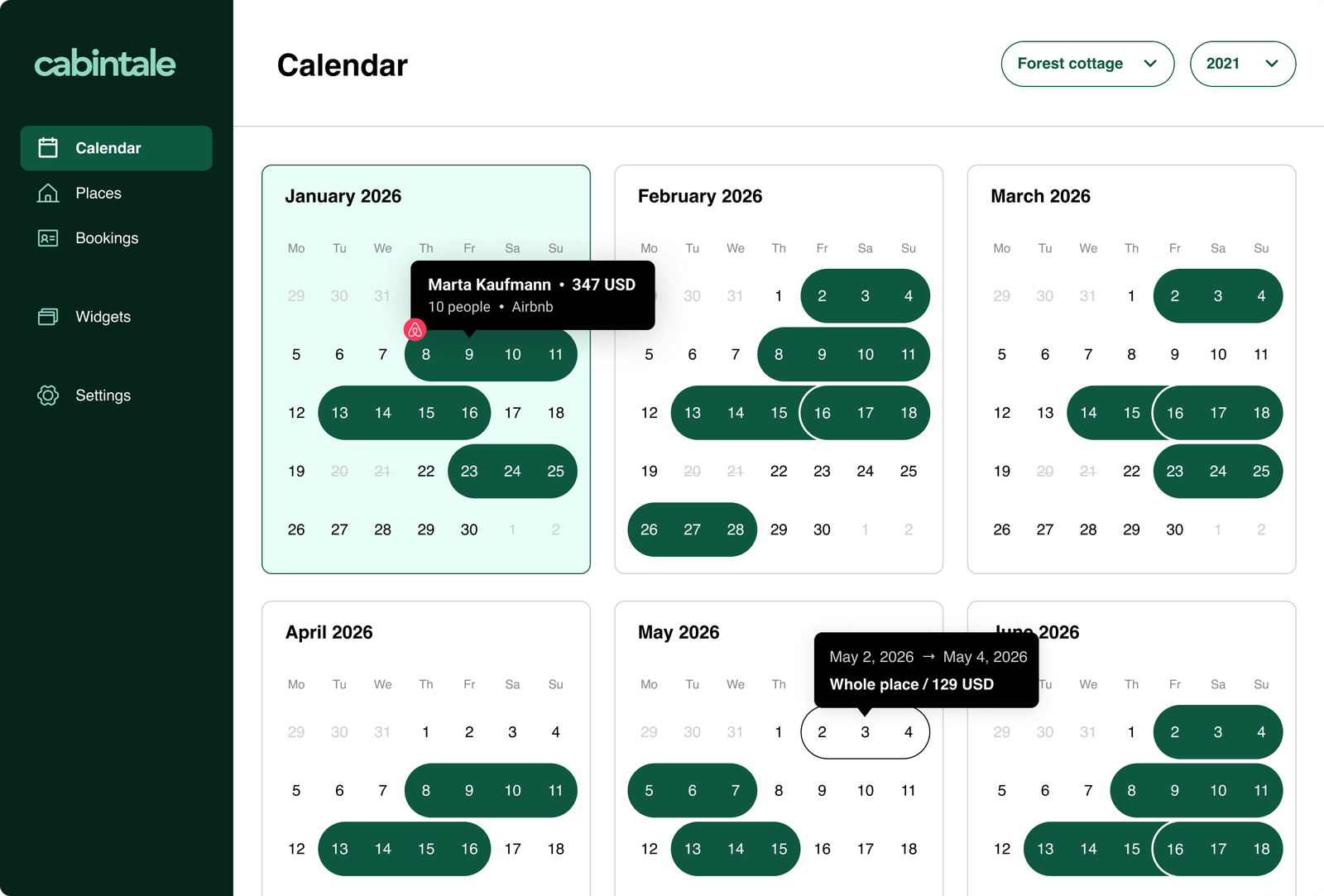 Cabintale calendar view showing availability and bookings for cabin rentals
